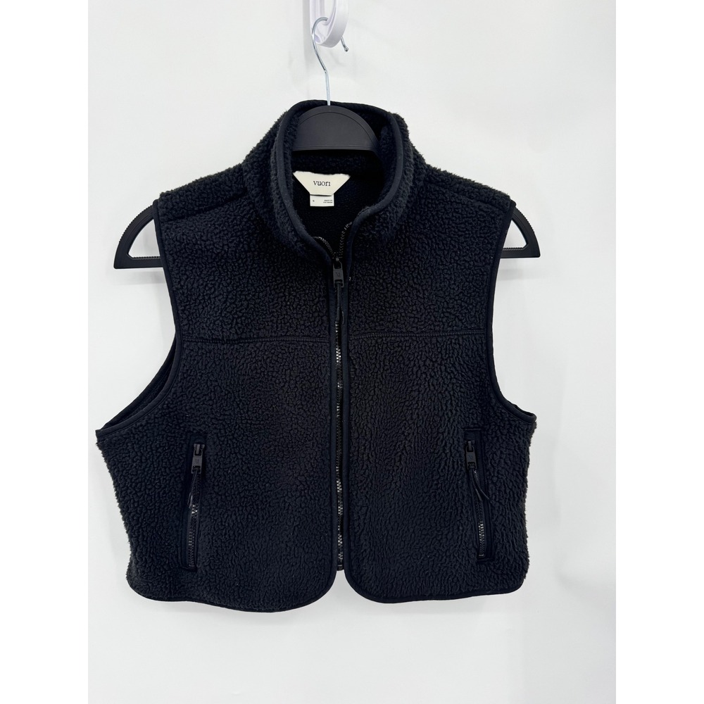 Vuori Fleece Vest Women S Black Cropped Sherpa Full Zip Pockets